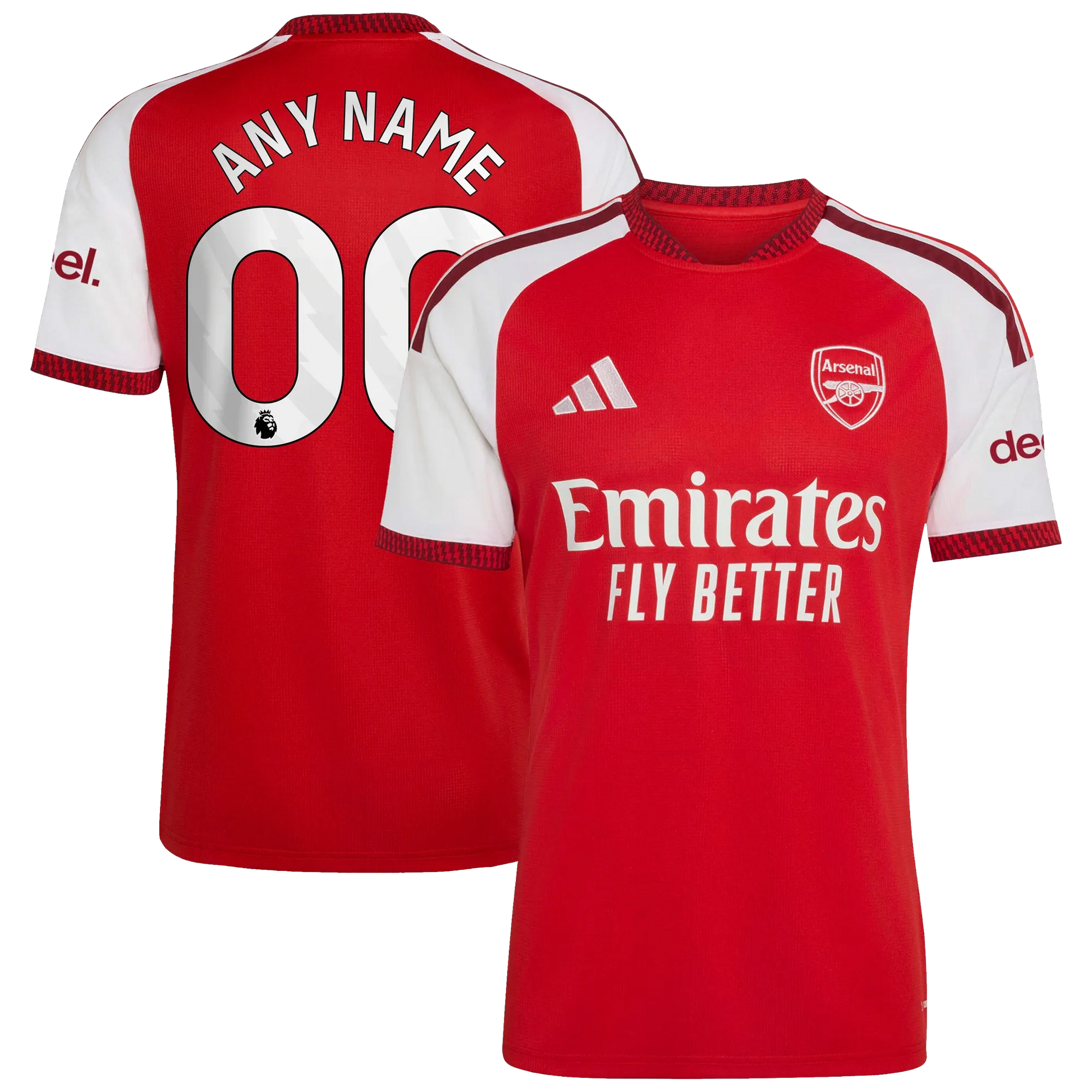 Front and back view of men's Arsenal 2026-2027 home stadium replica jersey featuring custom name and number by Final Third Kit