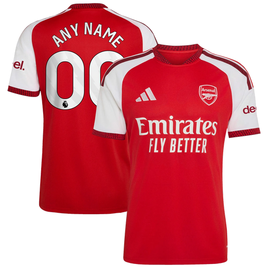 Front and back view of men's Arsenal 2026-2027 home stadium replica jersey featuring custom name and number by Final Third Kit