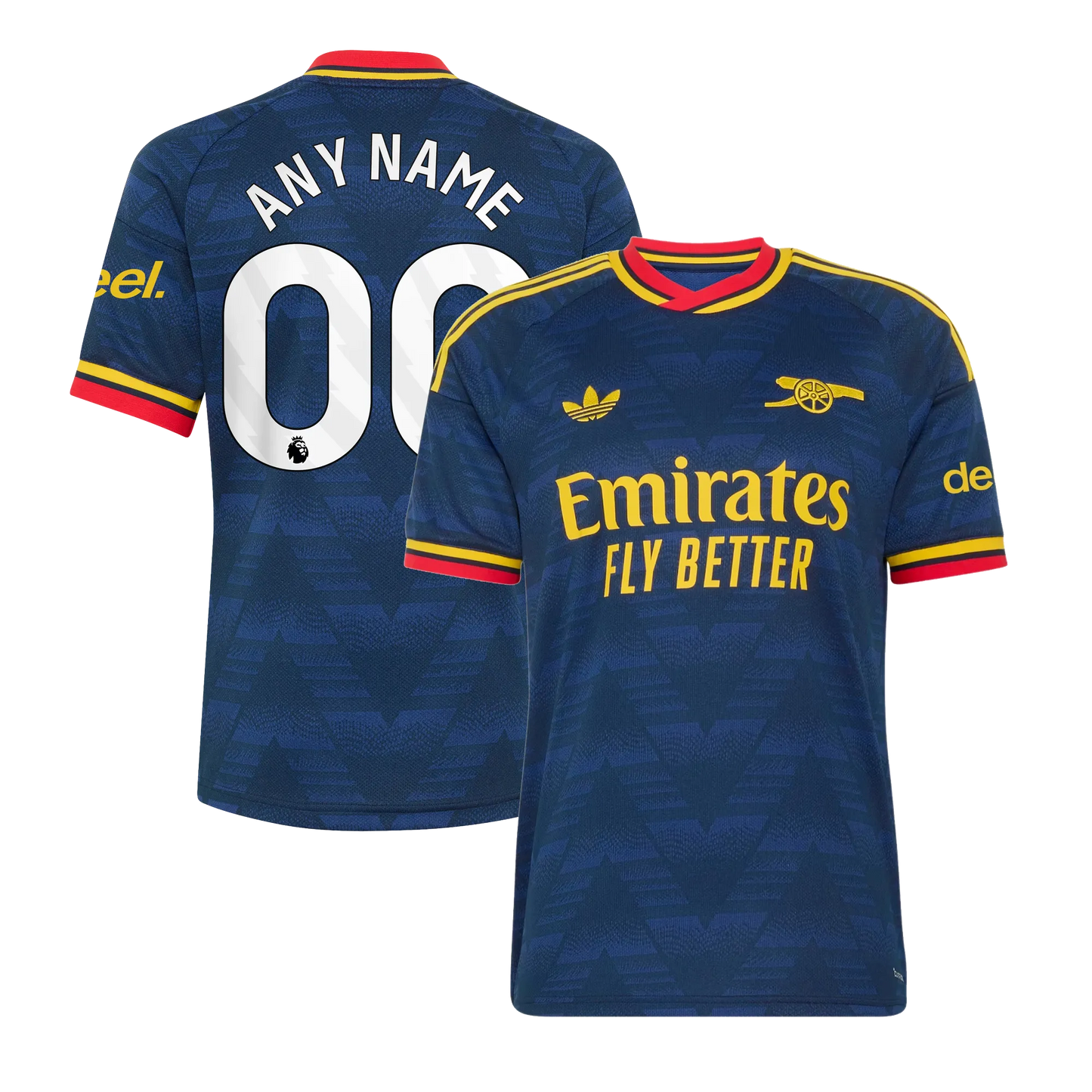 Front and back view of men's Arsenal 2026-2027 away stadium replica jersey featuring custom name and number by Final Third Kit
