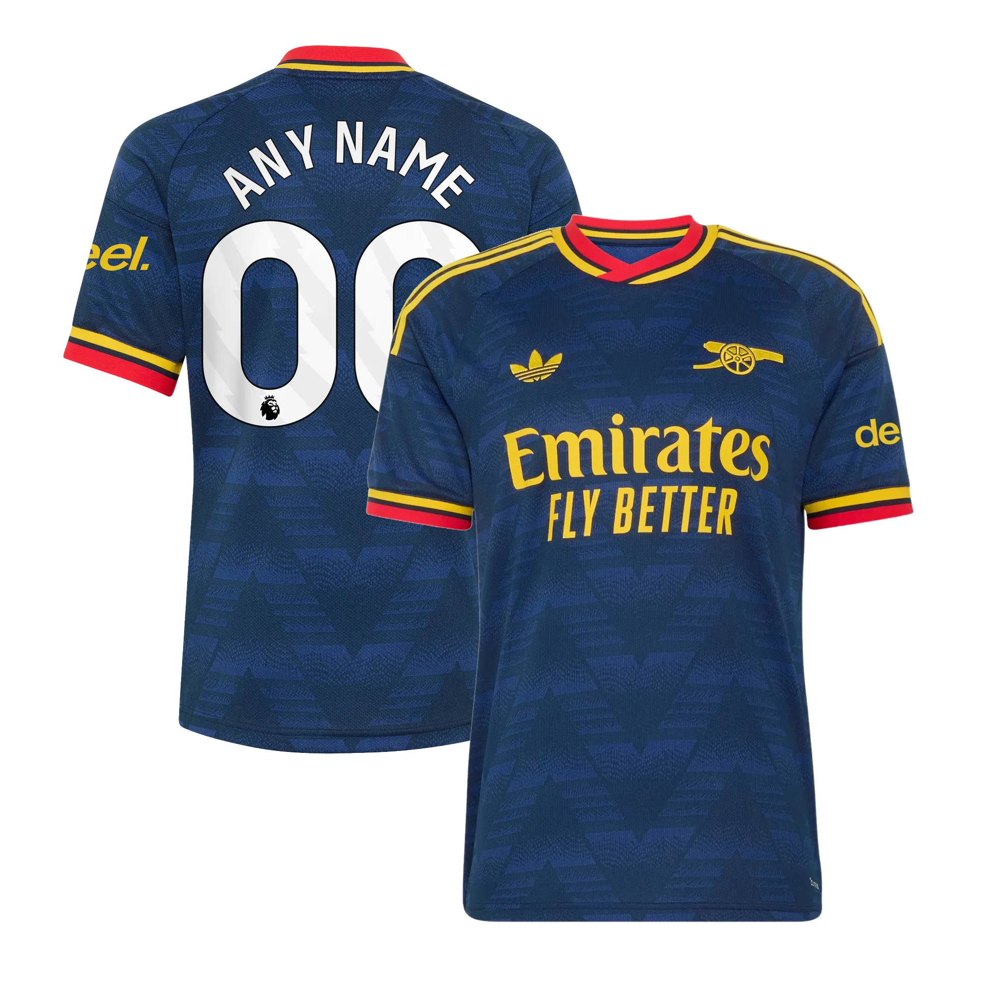 Front and back view of men's Arsenal 2026-2027 away stadium replica jersey featuring custom name and number by Final Third Kit