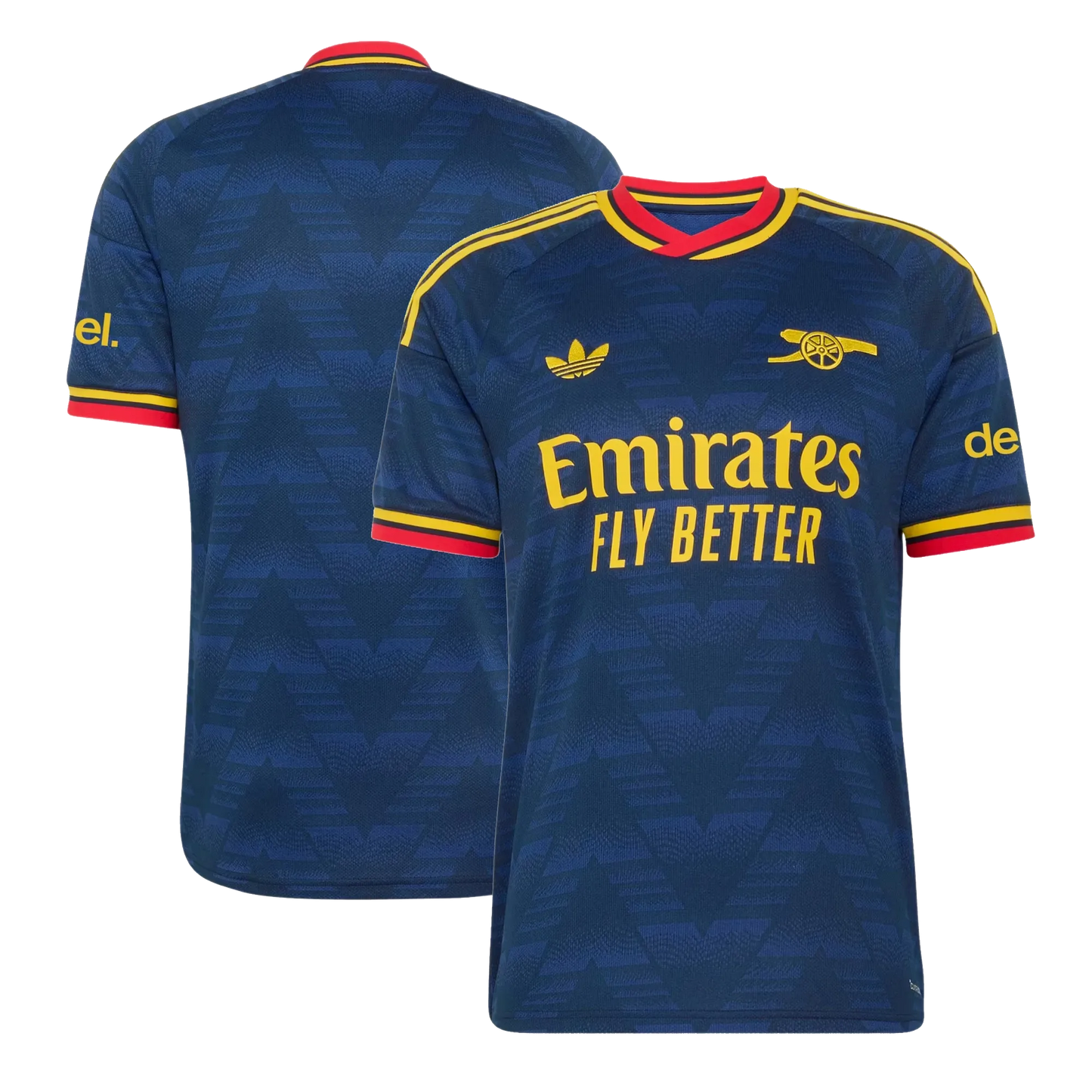 Arsenal 2026/27 away replica jersey front and back combined view with navy base and red and white stripe details, blank without player print