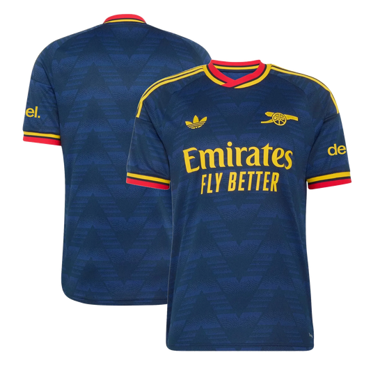 Arsenal 2026/27 away replica jersey front and back combined view with navy base and red and white stripe details, blank without player print