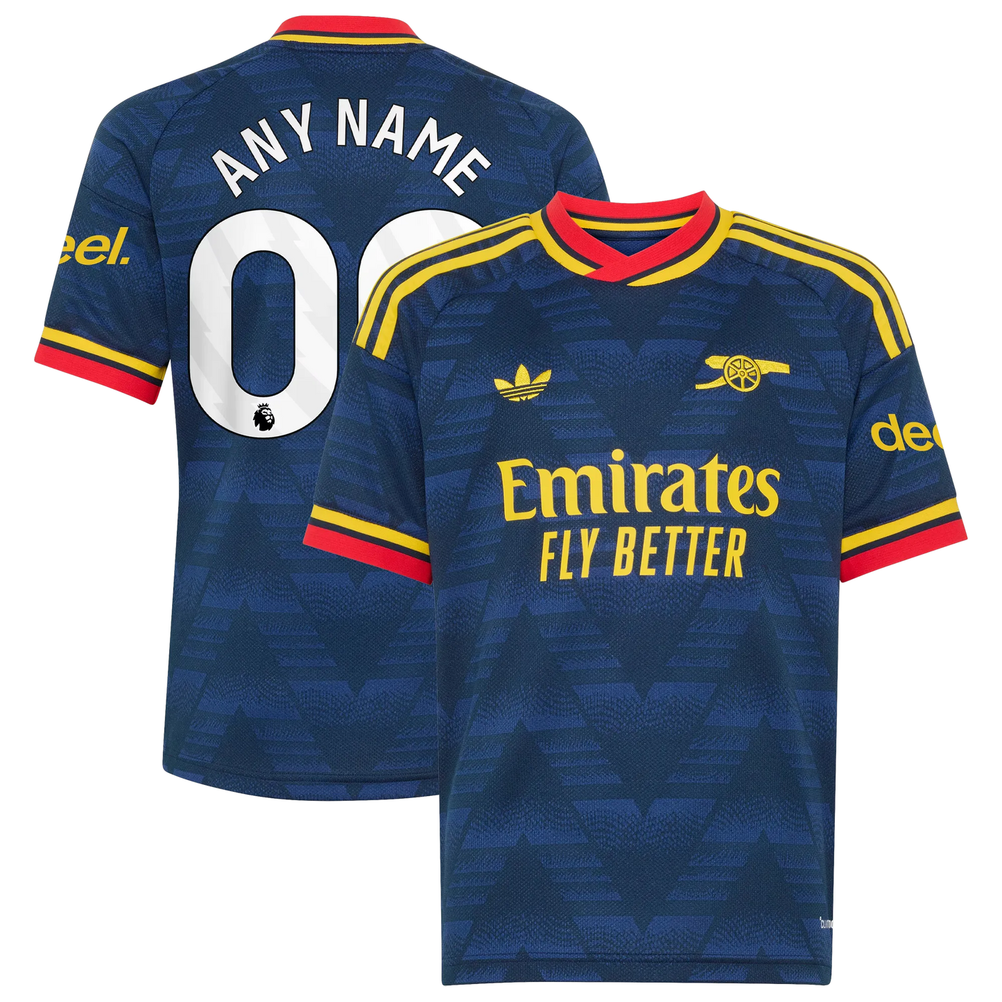 Front and back view of youth Arsenal 2026-2027 away navy stadium replica jersey featuring custom name and number by Final Third Kit