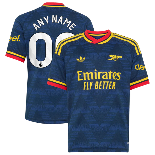 Front and back view of youth Arsenal 2026-2027 away navy stadium replica jersey featuring custom name and number by Final Third Kit