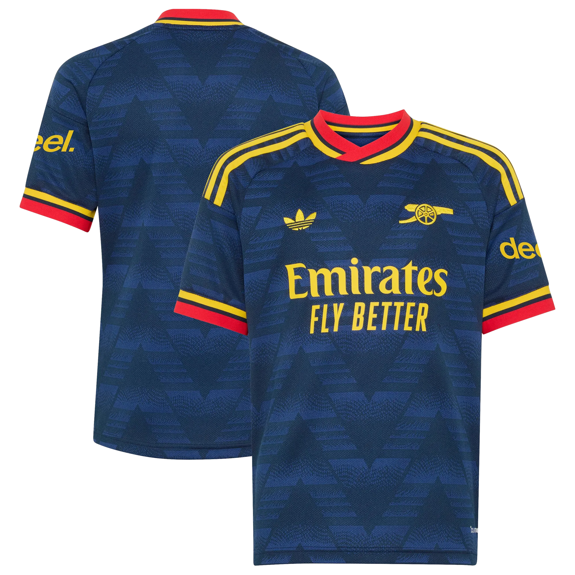 Front and back view of youth Arsenal 2026-2027 away navy stadium replica jersey by Final Third Kit