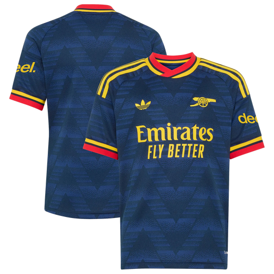 Front and back view of youth Arsenal 2026-2027 away navy stadium replica jersey by Final Third Kit