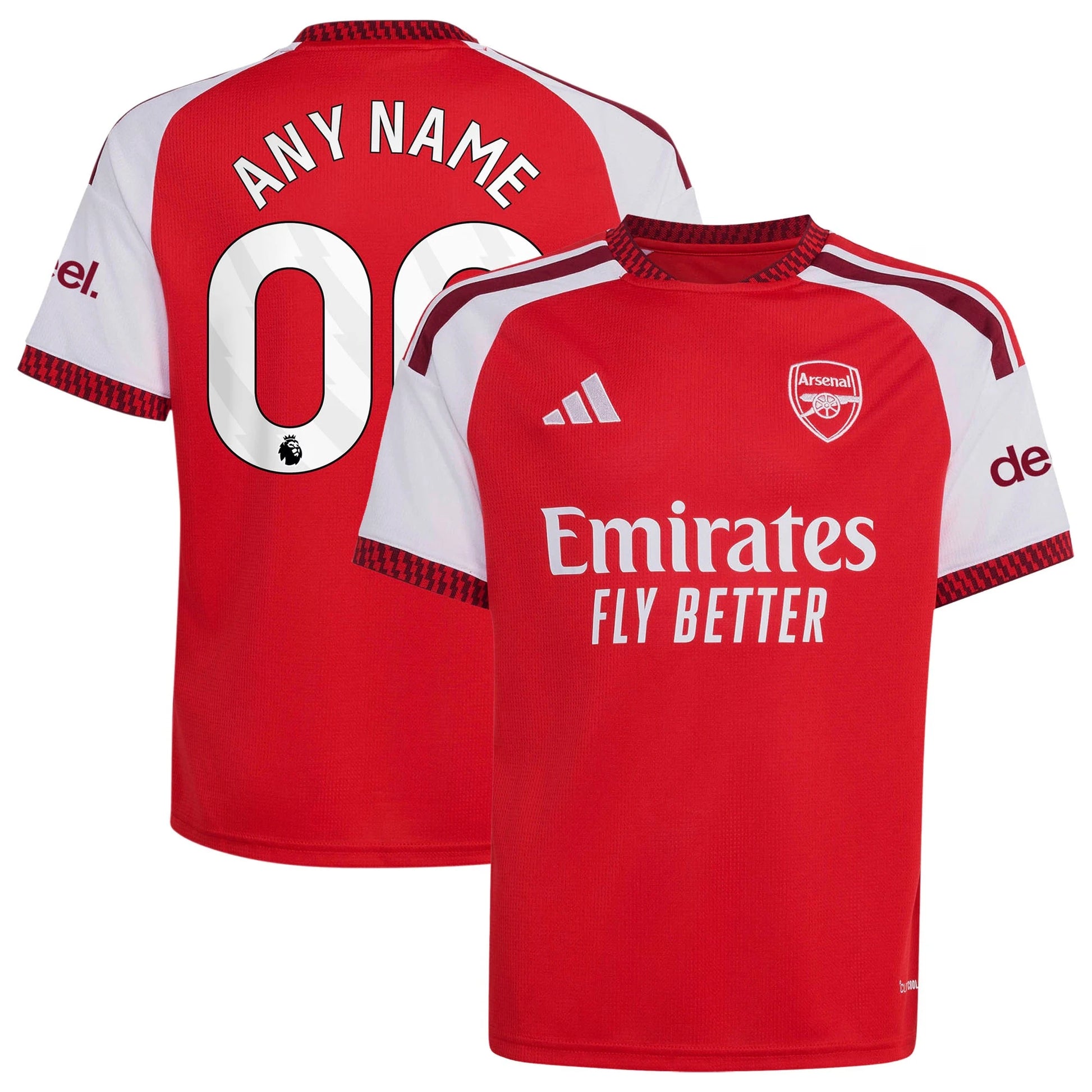 Front and back view of youth Arsenal 2026-2027 home red stadium replica jersey featuring custom name and number by Final Third Kit