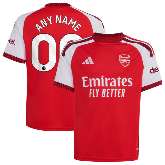 Front and back view of youth Arsenal 2026-2027 home red stadium replica jersey featuring custom name and number by Final Third Kit