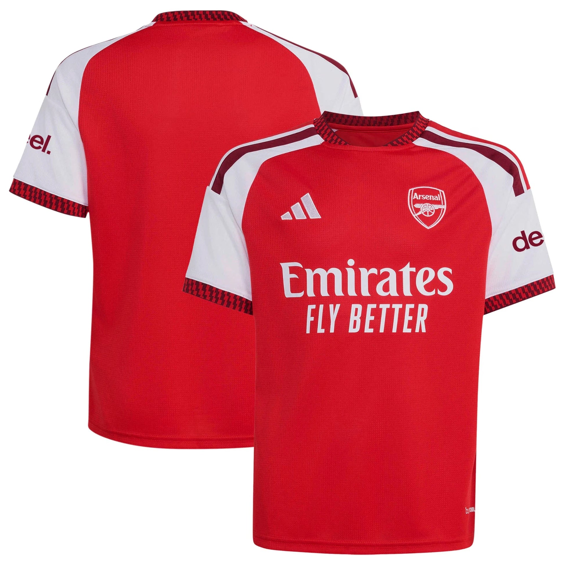 Front and back view of youth Arsenal 2026-2027 home red stadium replica jersey by Final Third Kit