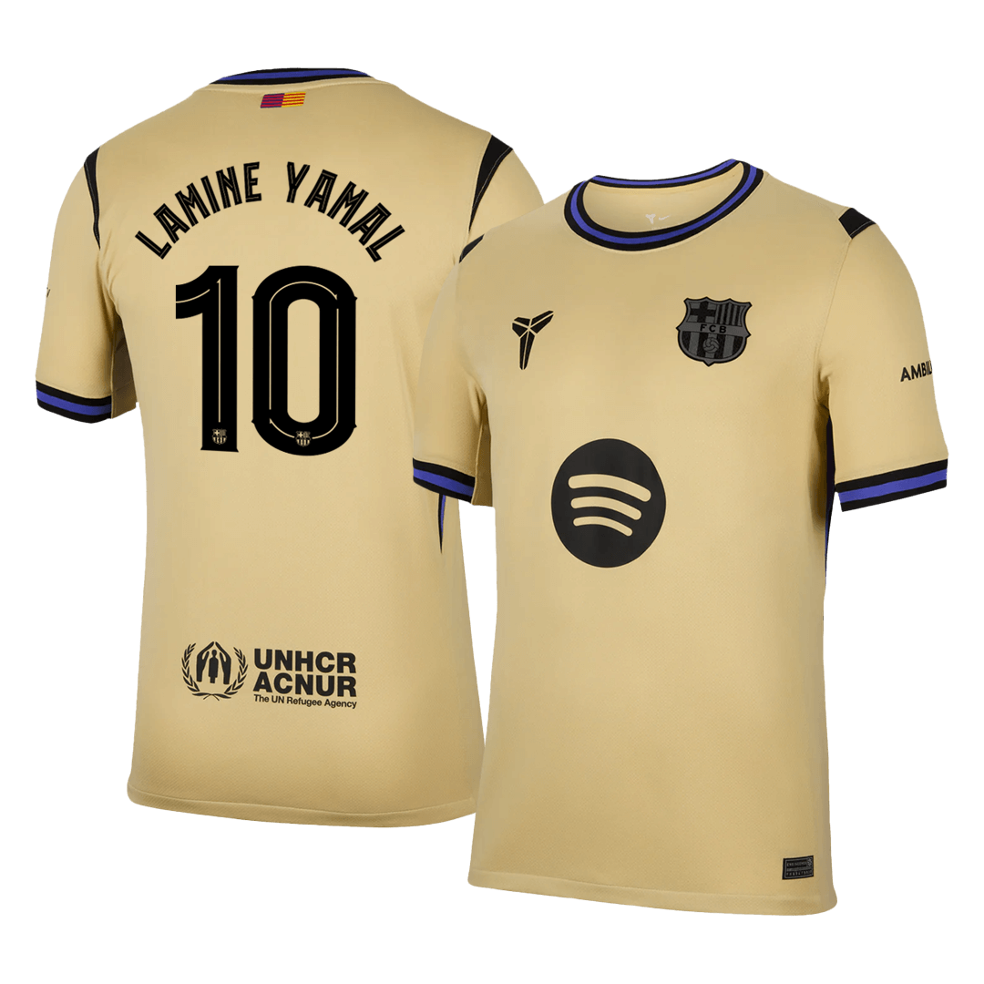 Barcelona 2025/26 away replica jersey front and back combined view with Lamine Yamal 10 and UCL badge