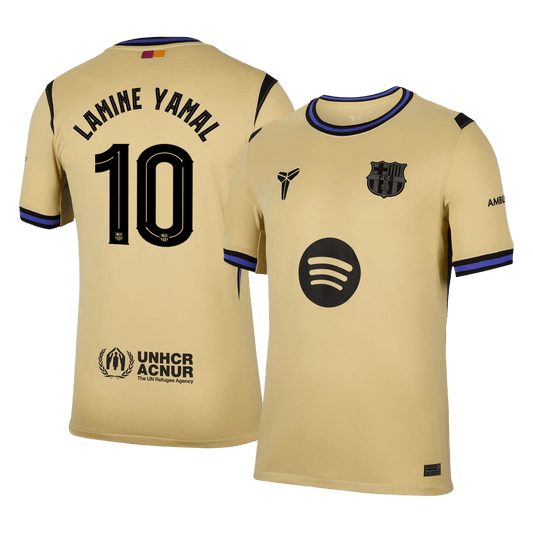 Barcelona 2025/26 away replica jersey front and back combined view with Lamine Yamal 10 and UCL badge