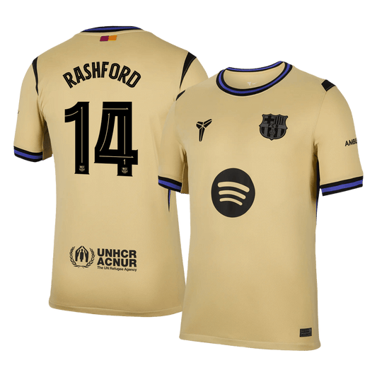 Barcelona 2025/26 away replica jersey front and back combined view with Marcus Rashford 14 and UCL badge