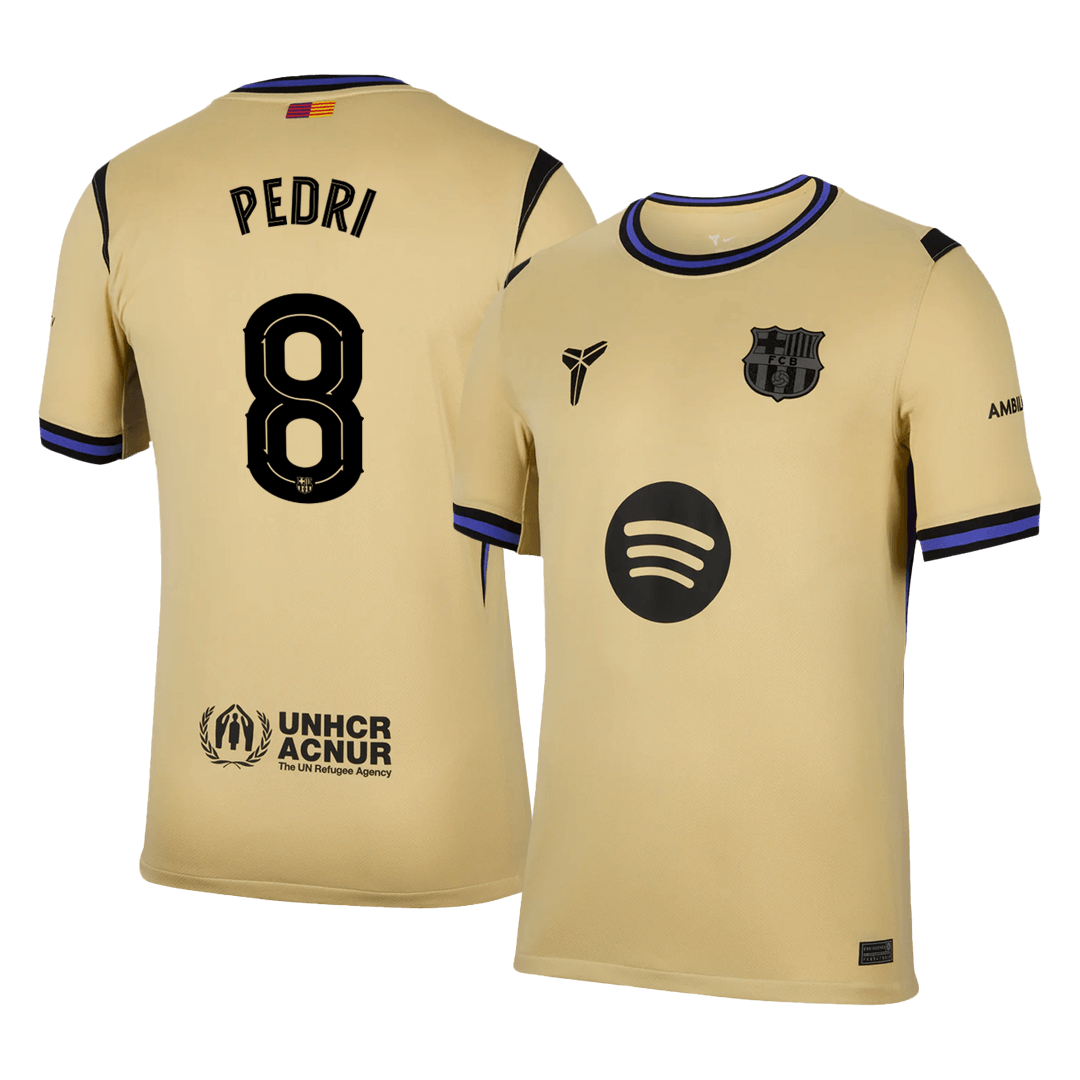 Barcelona 2025/26 away replica jersey front and back combined view with Pedri 8 and UCL badge
