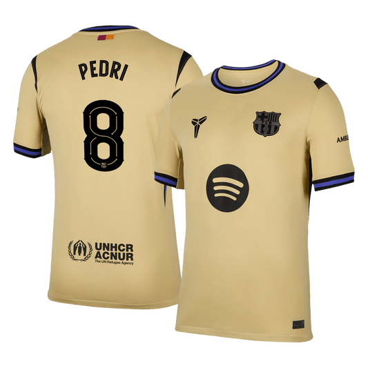 Barcelona 2025/26 away replica jersey front and back combined view with Pedri 8 and UCL badge