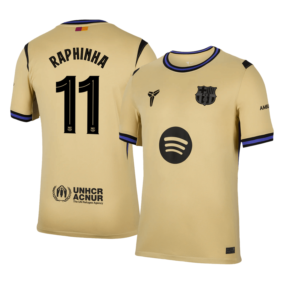 Barcelona 2025/26 away replica jersey front and back combined view with Raphinha 11 and UCL badge