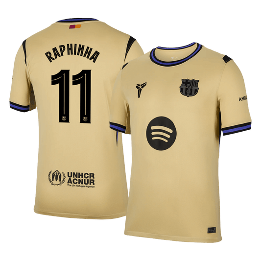 Barcelona 2025/26 away replica jersey front and back combined view with Raphinha 11 and UCL badge