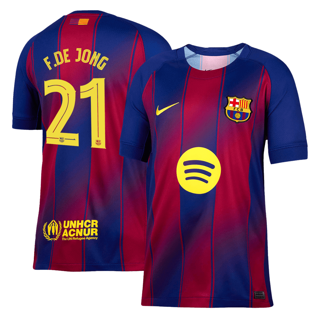 Barcelona 2025/26 home replica jersey front and back combined view with Frenkie de Jong 21 and UCL badge