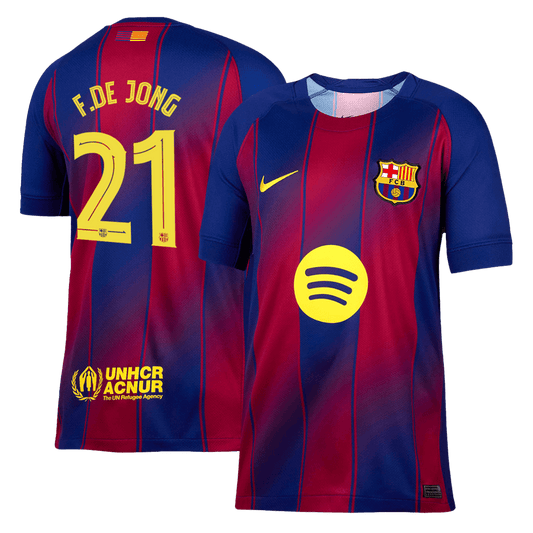 Barcelona 2025/26 home replica jersey front and back combined view with Frenkie de Jong 21 and UCL badge