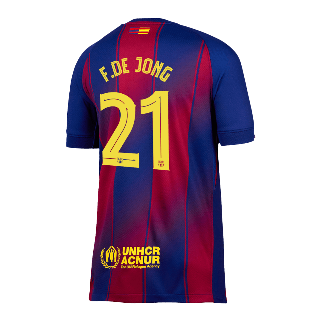 Back of Barcelona home replica jersey showing De Jong 21 name and number print