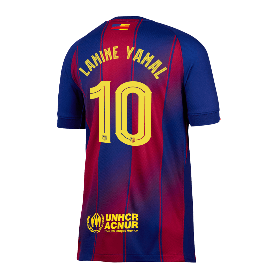 Back view of Barcelona home replica jersey showing Lamine Yamal 10 name and number print
