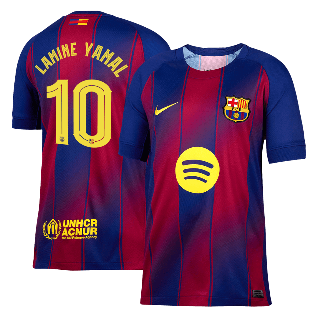 Barcelona 2025/26 home replica jersey front and back combined view with Lamine Yamal 10 and UCL badge, Flat lay of Barcelona home replica jersey front with Lamine Yamal 10 and team crest