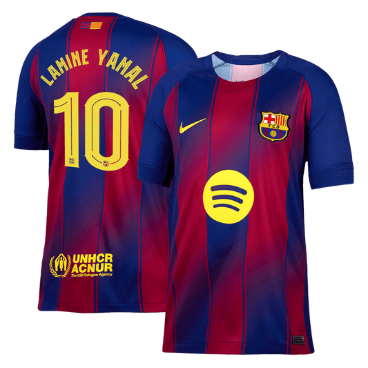 Barcelona 2025/26 home replica jersey front and back combined view with Lamine Yamal 10 and UCL badge, Flat lay of Barcelona home replica jersey front with Lamine Yamal 10 and team crest