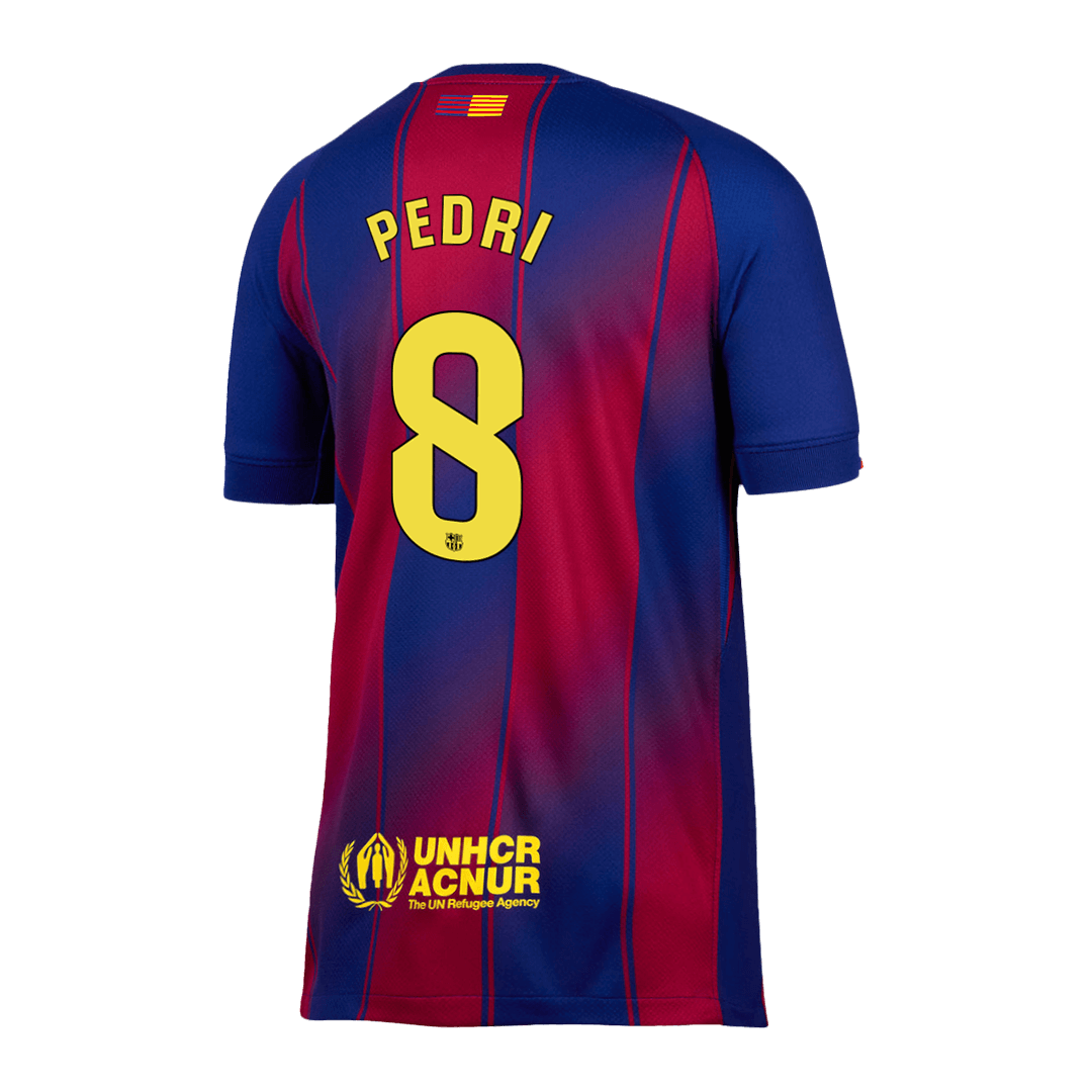 Back view of Barcelona home replica jersey showing Pedri 8 name and number print