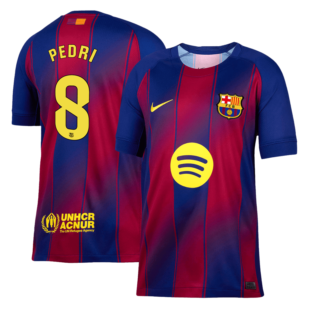 Barcelona 2025/26 home replica jersey front and back combined view with Pedri 8