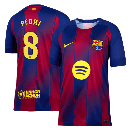 Barcelona 2025/26 home replica jersey front and back combined view with Pedri 8