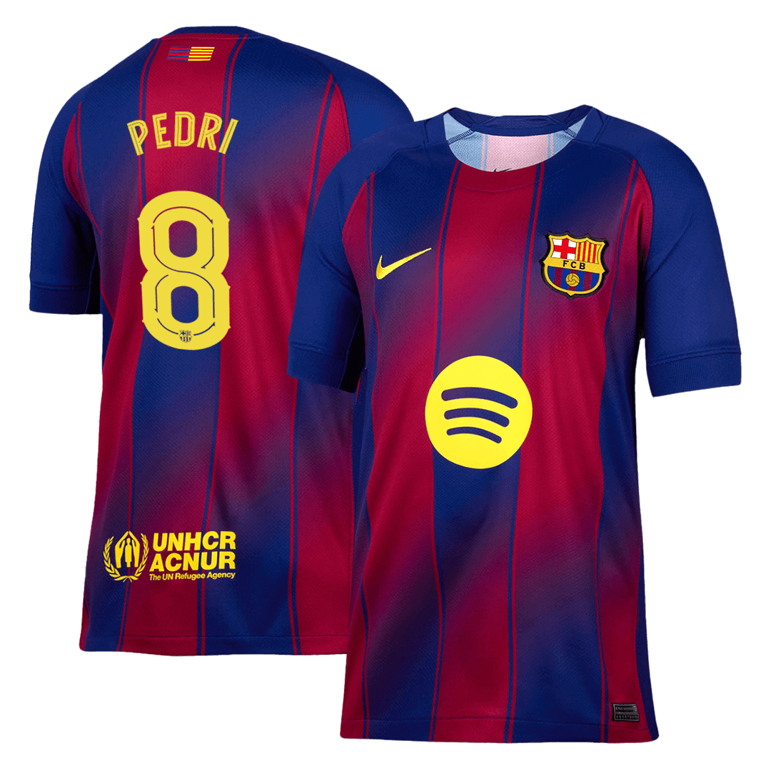 Barcelona 2025/26 home replica jersey front and back combined view with Pedri 8 and UCL badge