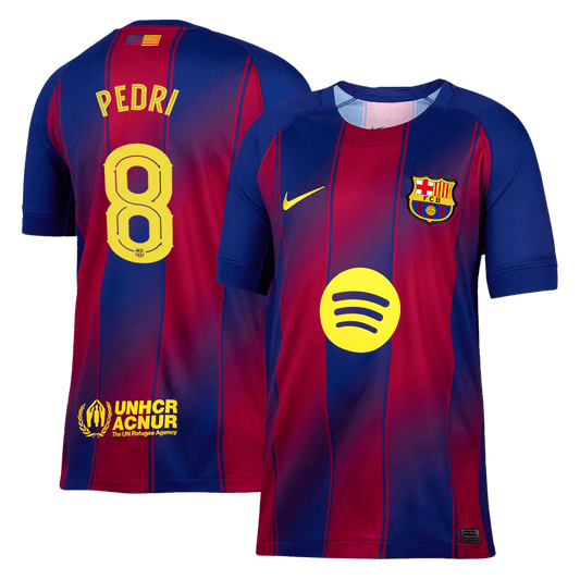 Barcelona 2025/26 home replica jersey front and back combined view with Pedri 8 and UCL badge