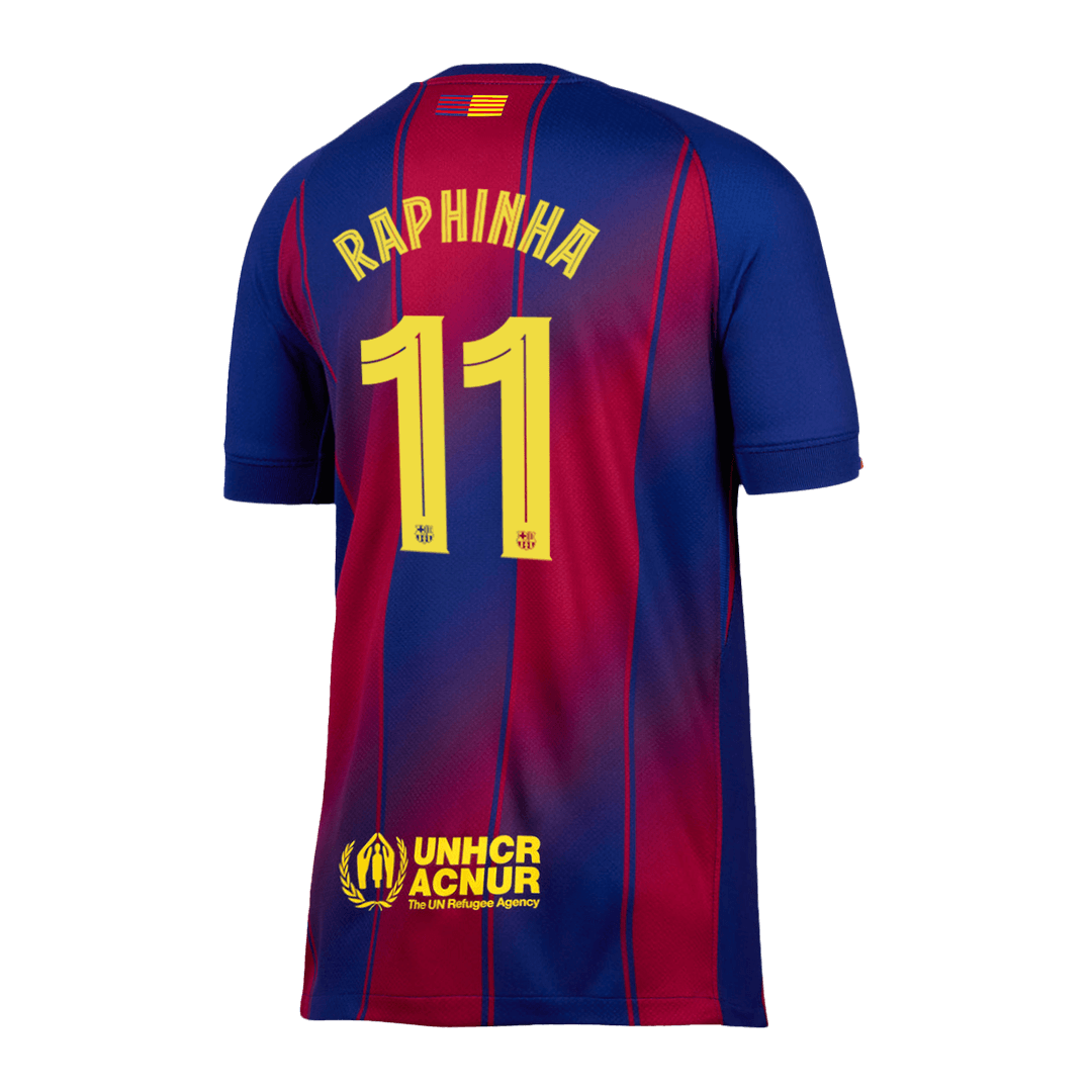Back view of Barcelona home replica jersey showing Raphinha 11 name and number print
