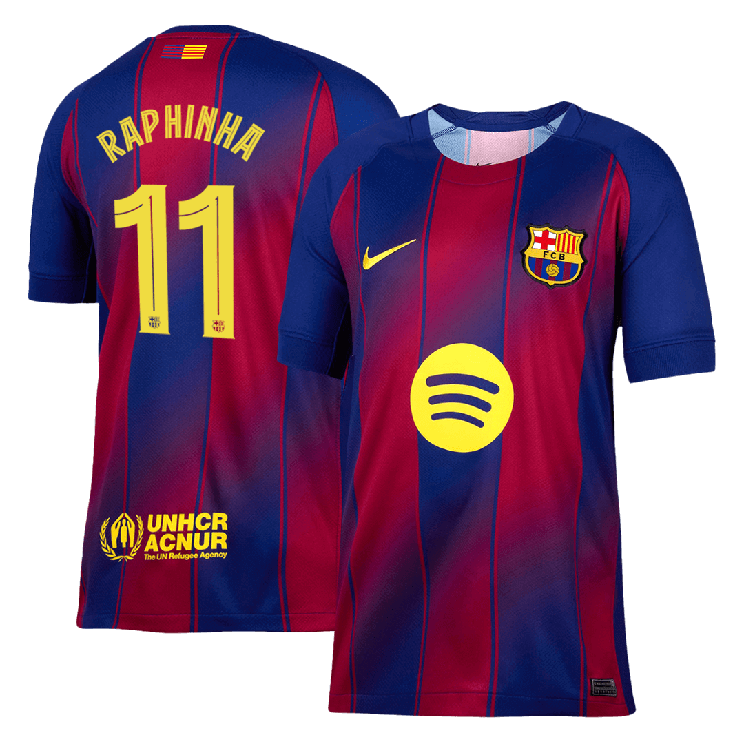 Barcelona 2025/26 home replica jersey front and back combined view with Raphinha 11 and UCL badge