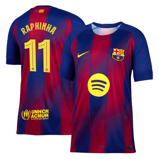 Barcelona 2025/26 home replica jersey front and back combined view with Raphinha 11 and UCL badge