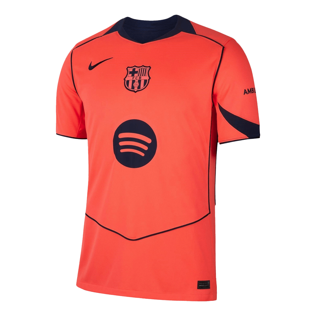 Orange barcelona 2025 jersey with black accents on a black background