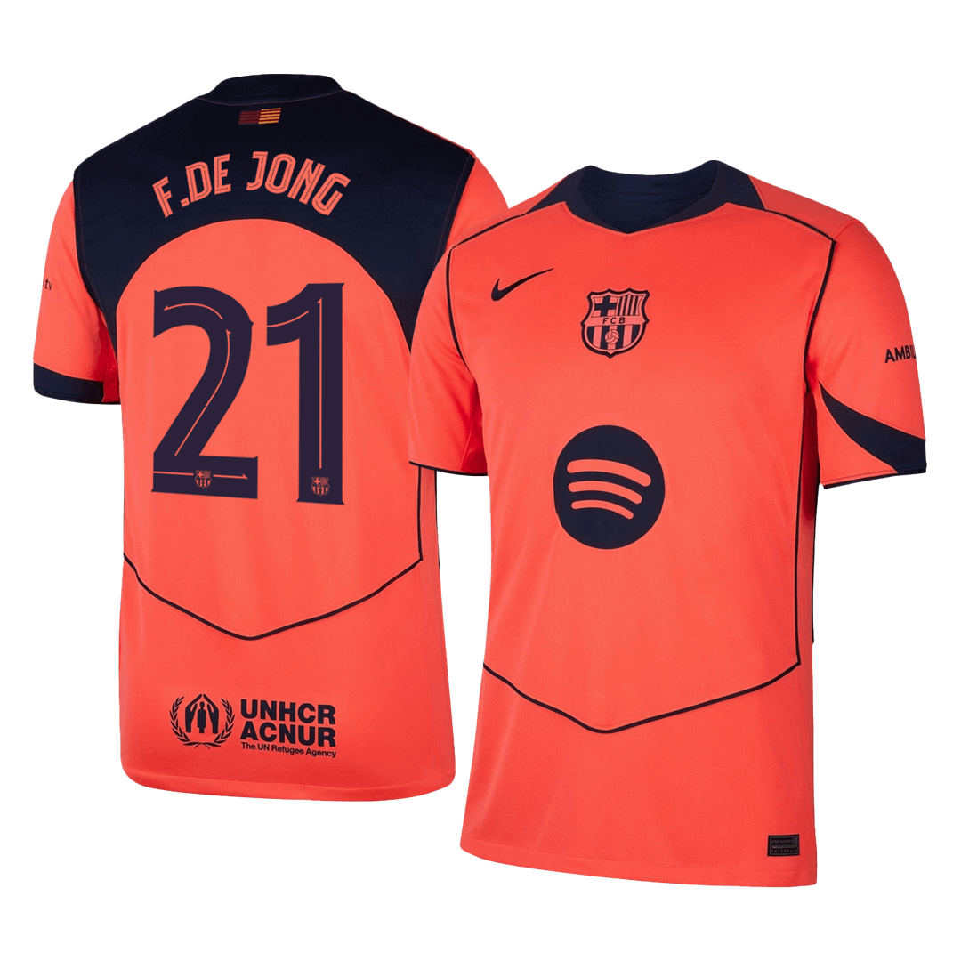 Orange and navy sports jersey with 'F. DE JONG' and number '21', featuring a logo on the chest.