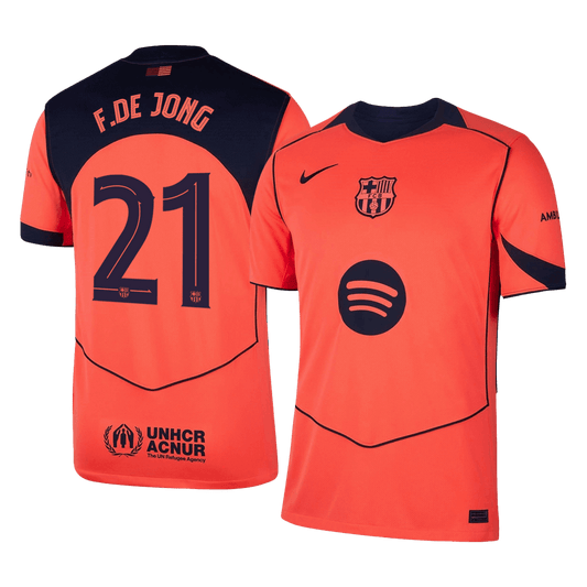 Orange and navy sports jersey with 'F. DE JONG' and number '21', featuring a logo on the chest.