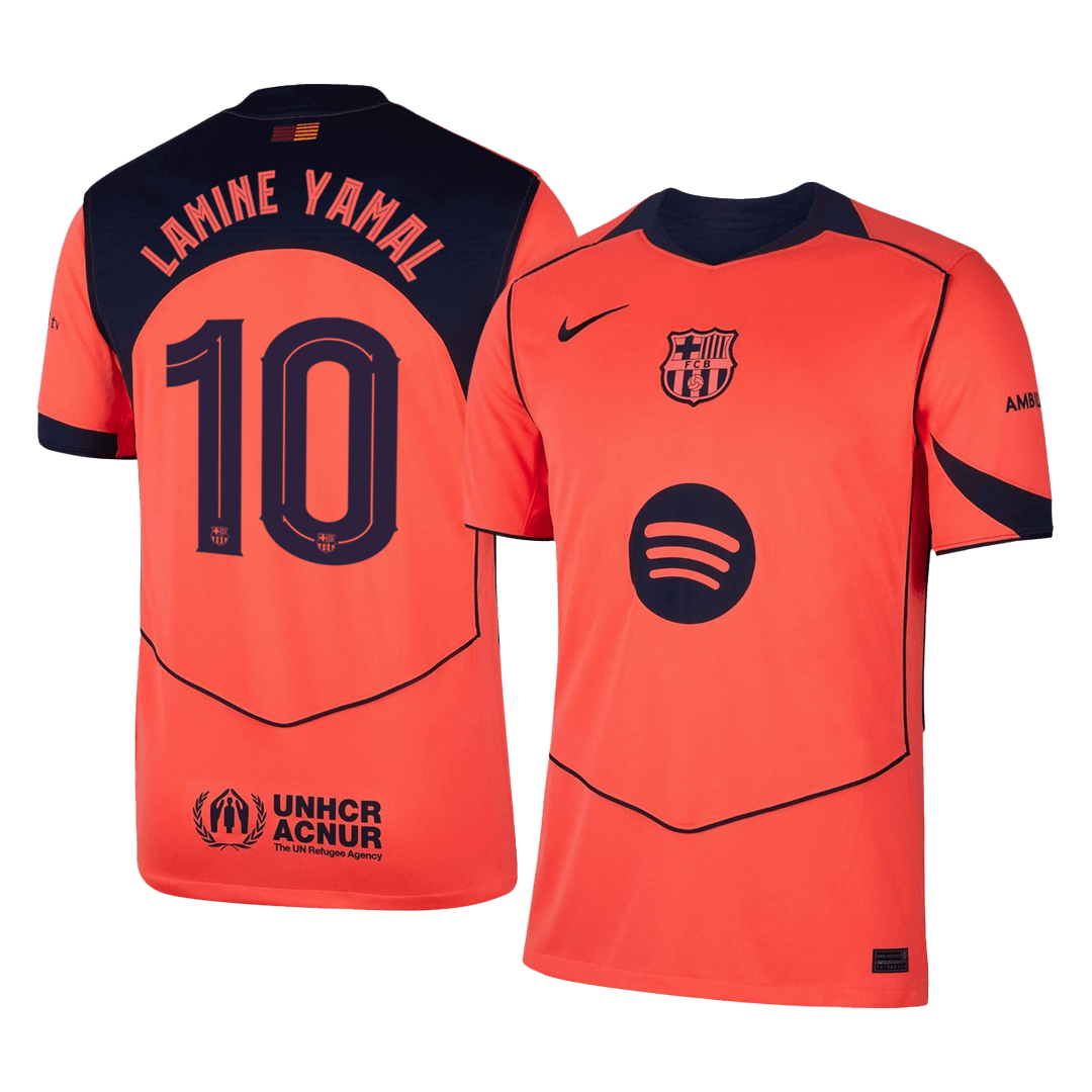 Barcelona 2025/26 third replica jersey front and back combined view with Lamine Yamal 10 and UCL badge, Flat lay of Barcelona third replica jersey front with Lamine Yamal 10 and team crest