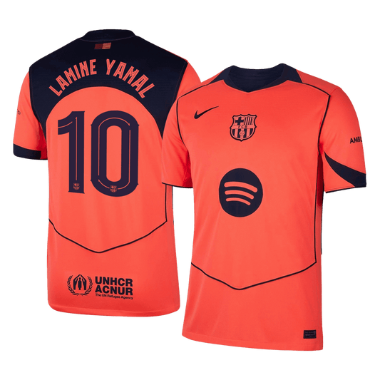 Barcelona 2025/26 third replica jersey front and back combined view with Lamine Yamal 10 and UCL badge, Flat lay of Barcelona third replica jersey front with Lamine Yamal 10 and team crest