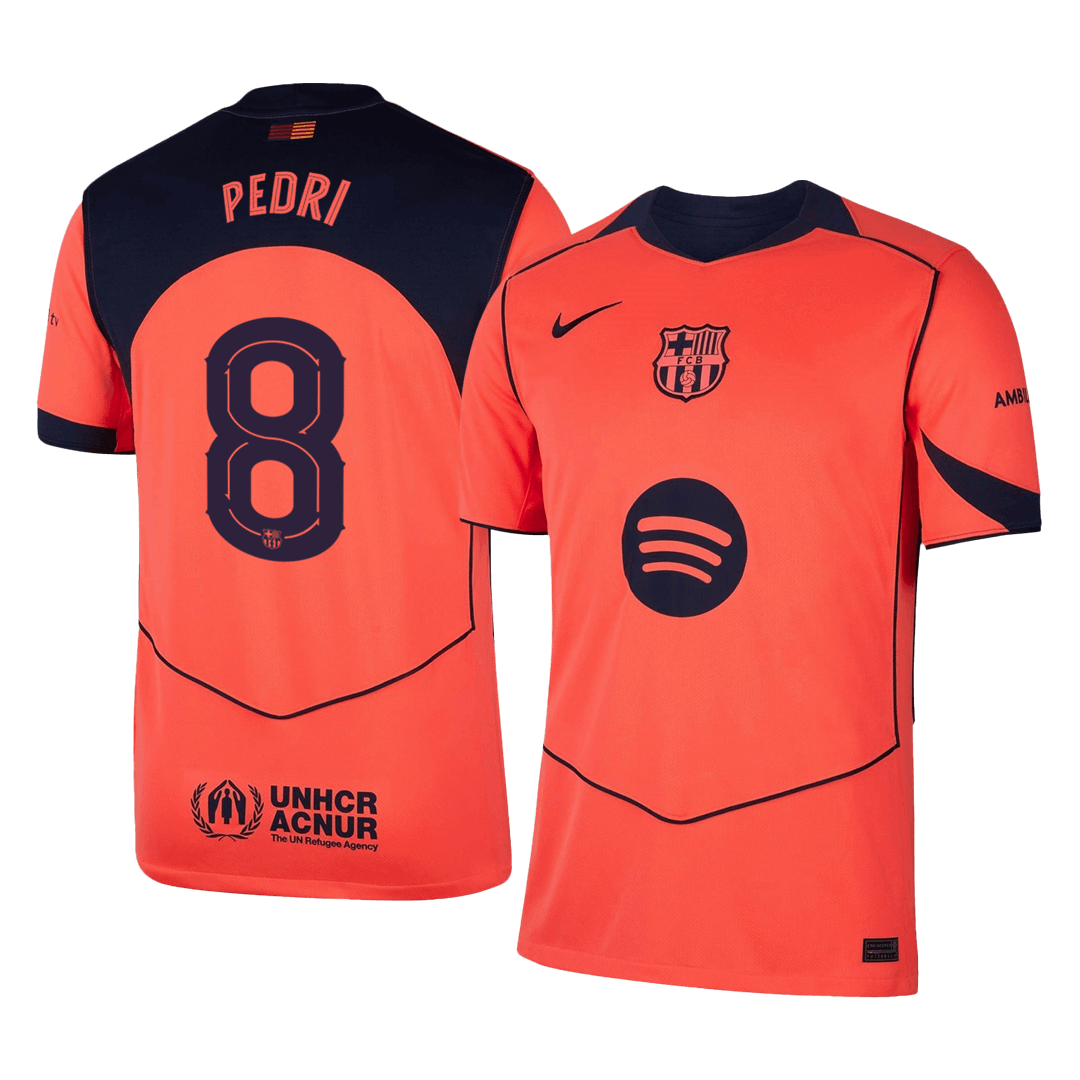 Barcelona 2025/26 third replica jersey front and back combined view with Pedri 8 and UCL badge