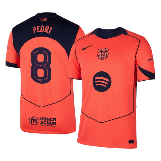 Barcelona 2025/26 third replica jersey front and back combined view with Pedri 8 and UCL badge