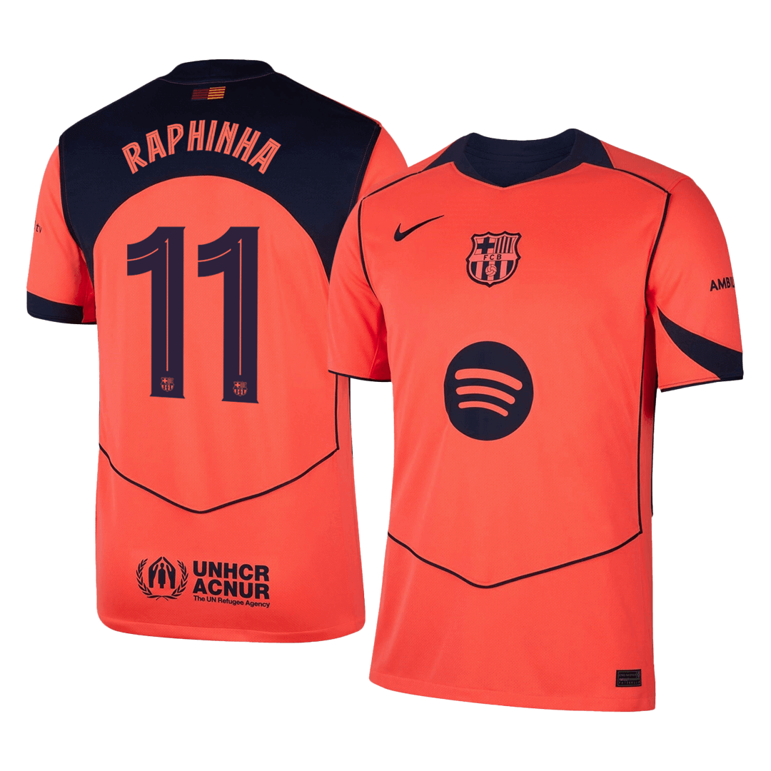 Barcelona 2025/26 third replica jersey front and back combined view with Raphinha 11 and UCL badge