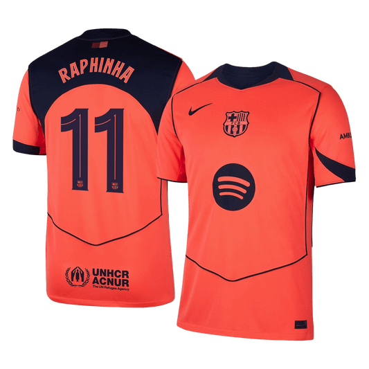 Barcelona 2025/26 third replica jersey front and back combined view with Raphinha 11 and UCL badge