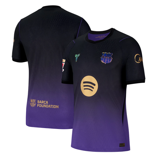 Front and back view of men's Barcelona 2026-2027 away purple match authentic jersey by Final Third Kit