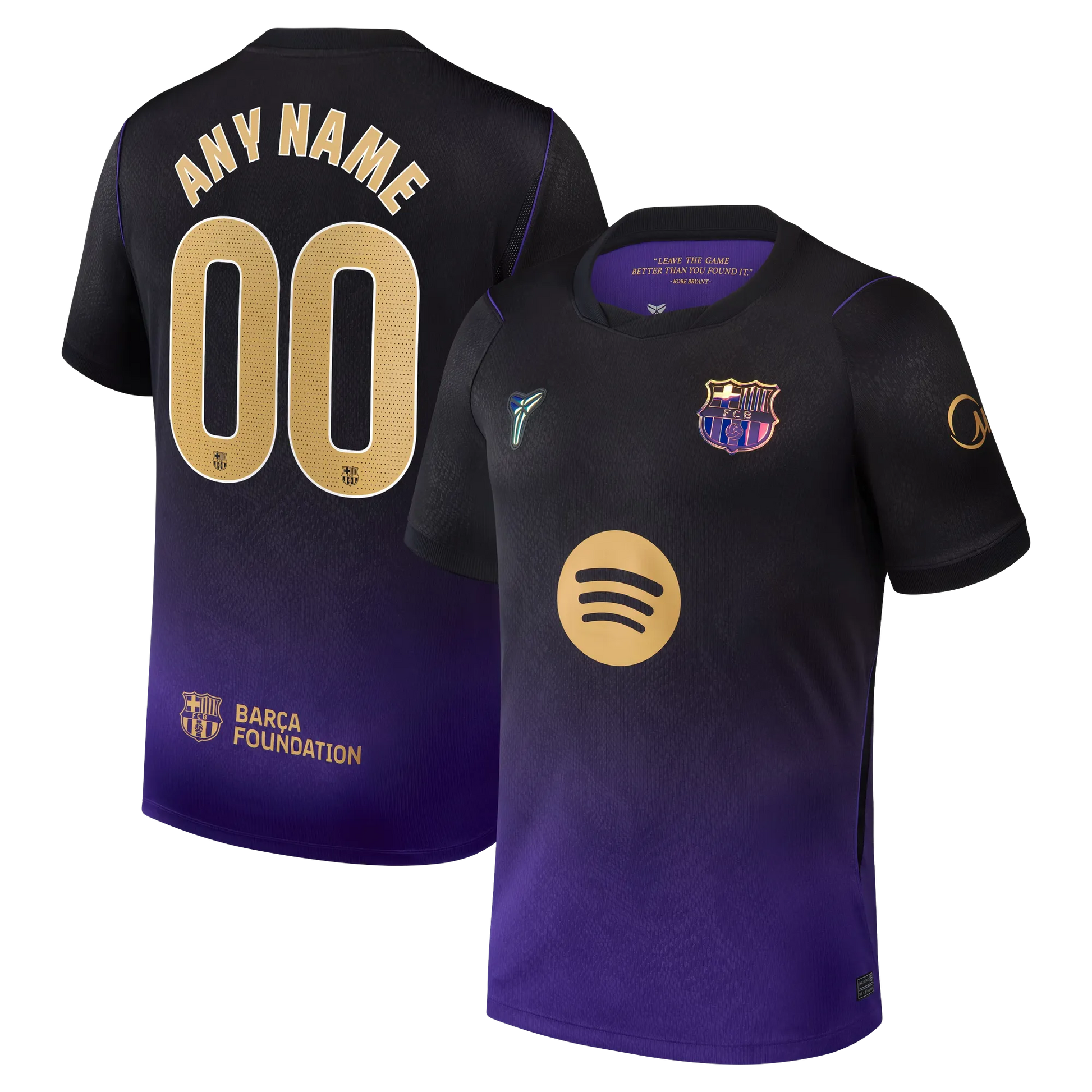 Front and back view of men's Barcelona 2026-2027 away purple stadium replica custom jersey by Final Third Kit