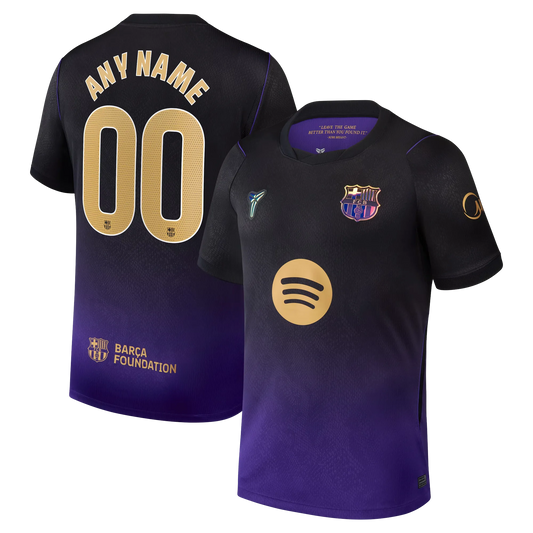 Front and back view of men's Barcelona 2026-2027 away purple stadium replica custom jersey by Final Third Kit