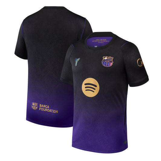 Front and back view of men's Barcelona 2026-2027 away purple stadium replica jersey by Final Third Kit