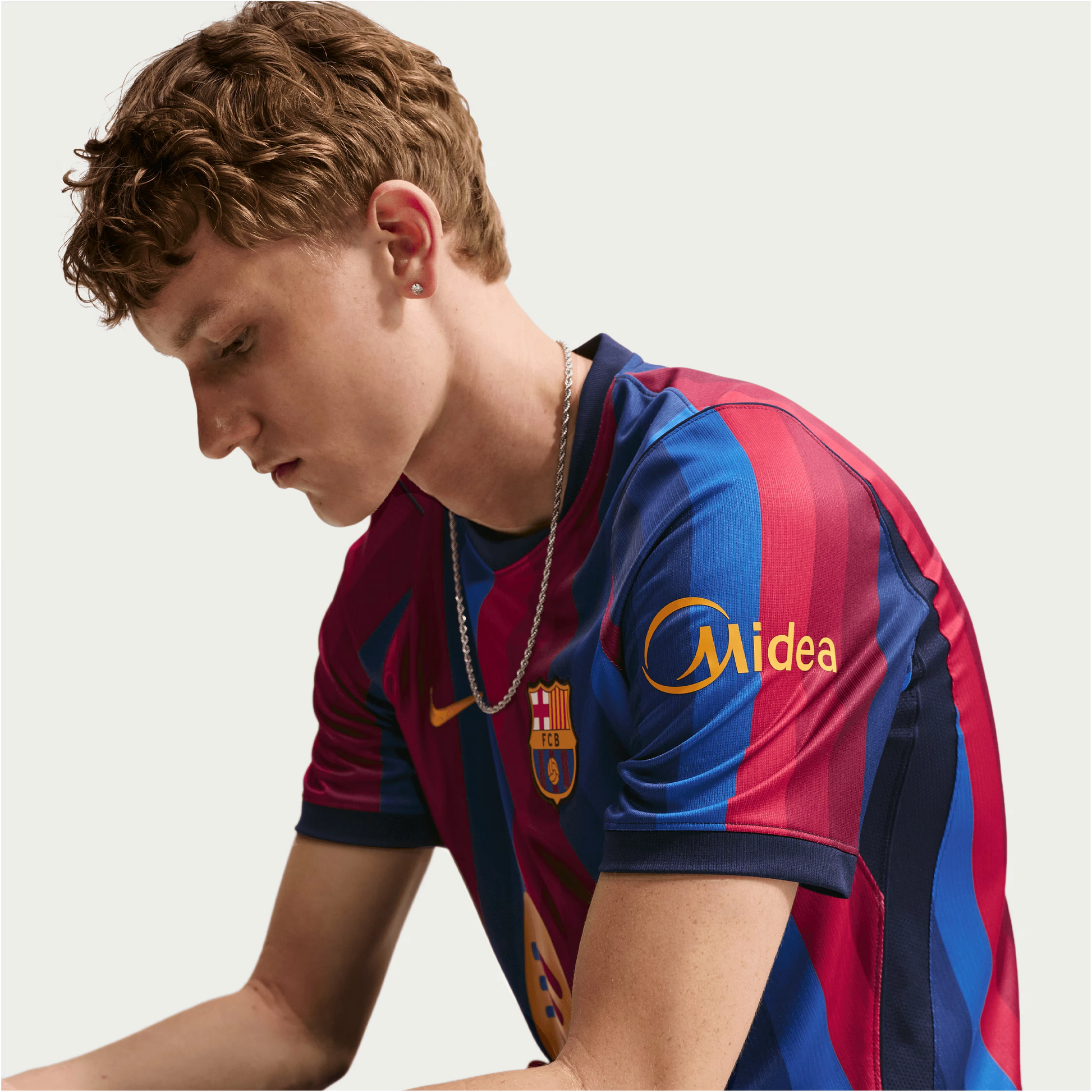 Model Wearing A Barcelona 2026/27 Home Stadium Replica Jersey 
