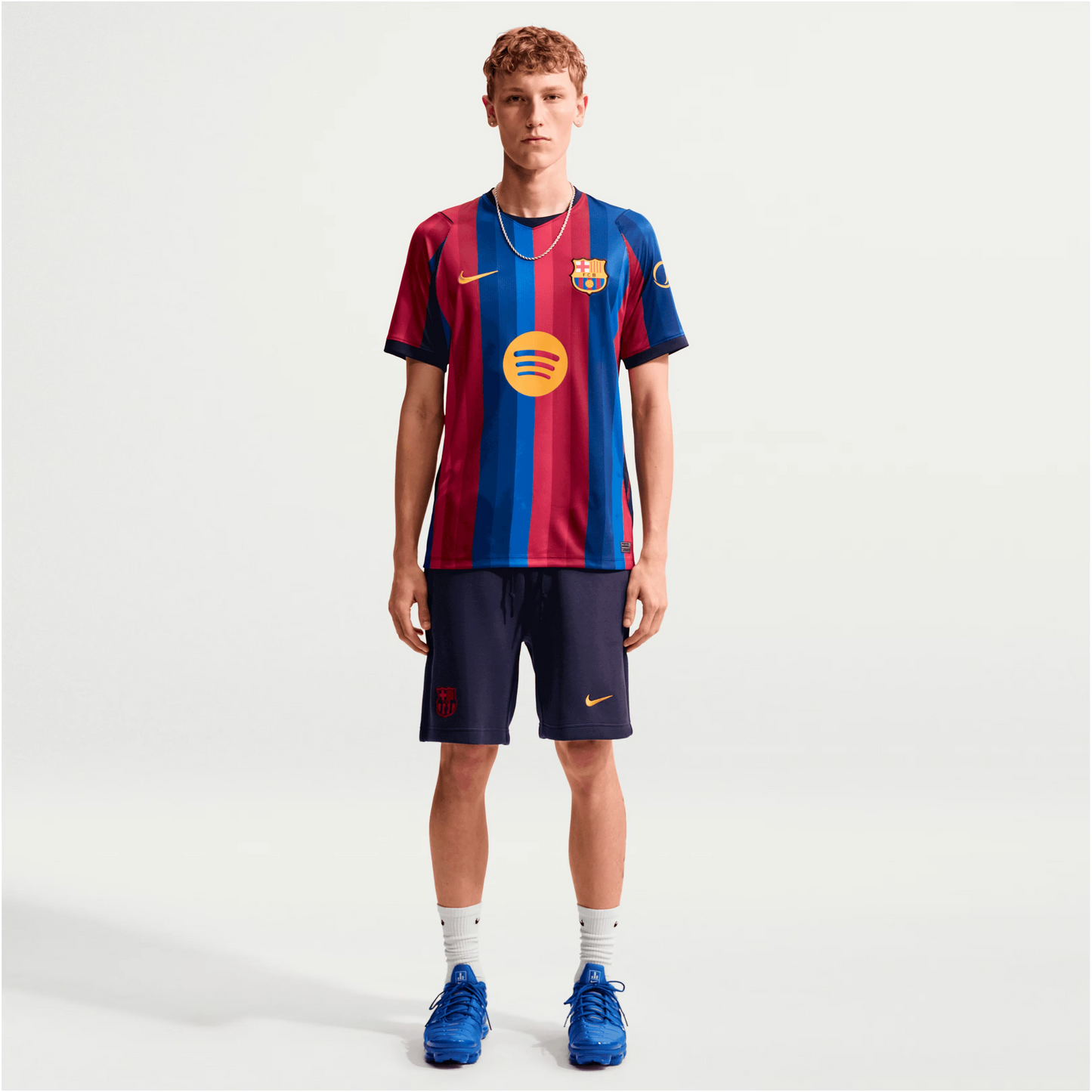 Man Wearing A Barcelona 2026/27 Home Stadium Replica Jersey And Shorts