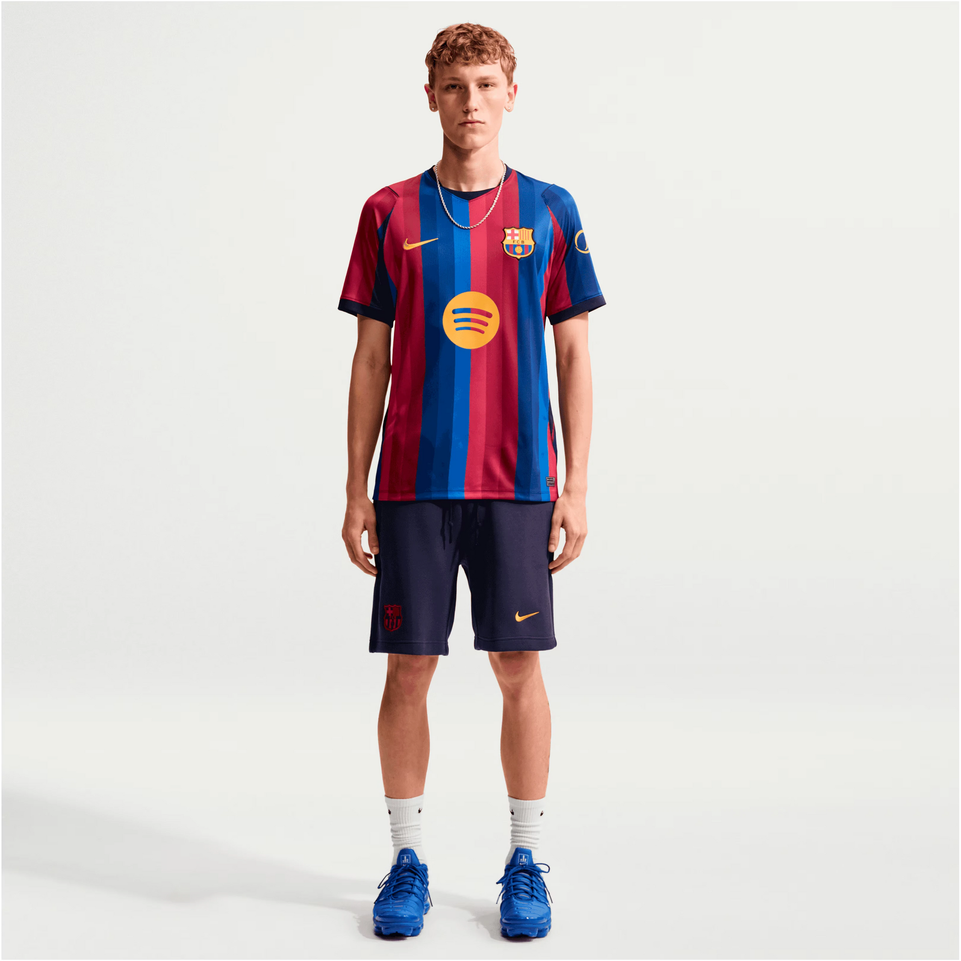 Man Wearing A Barcelona 2026/27 Home Stadium Replica Jersey And Shorts